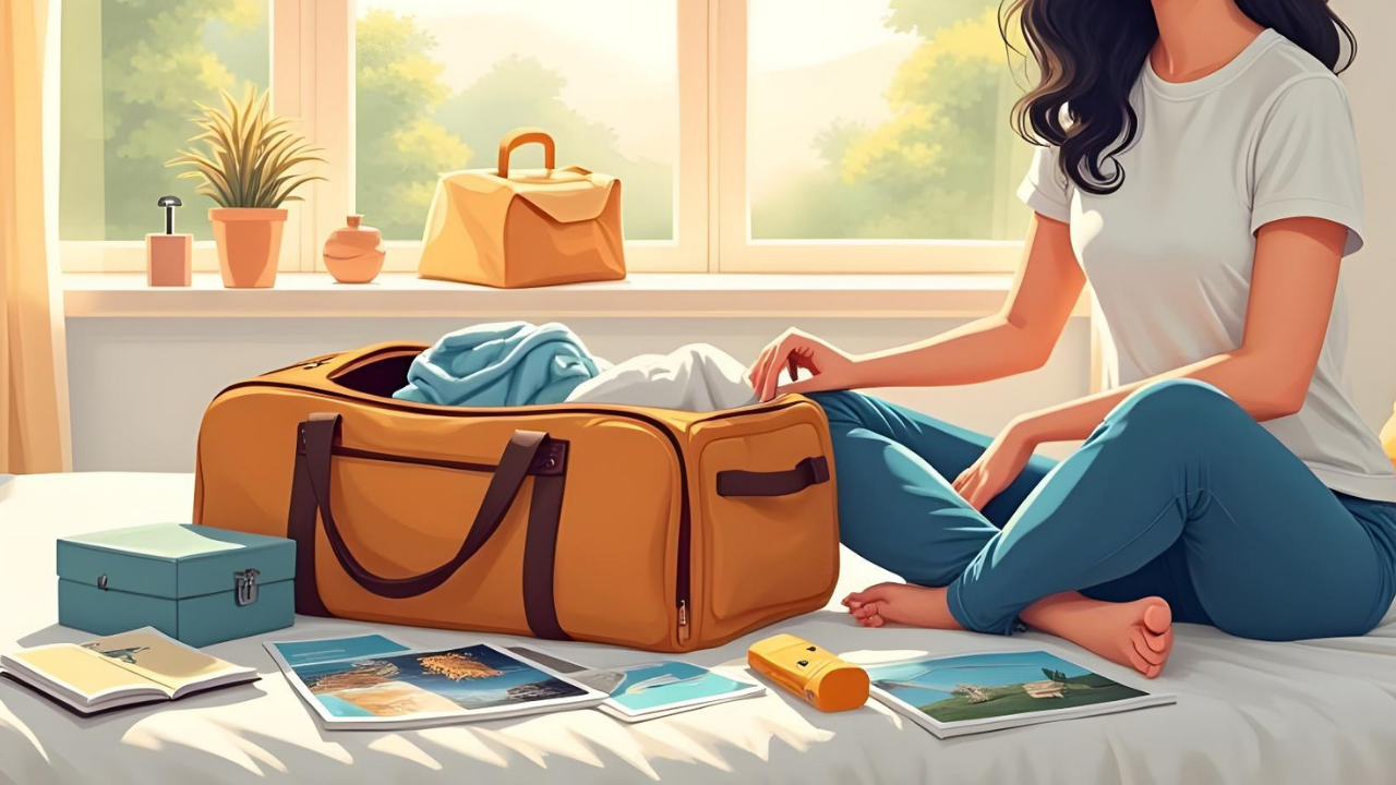 A woman sitting on a bed packing a yellow duffle bag surrounded by travel items, including postcards, a flashlight, a book, and a small blue box. The room is bright with natural light coming through a window, and there are potted plants and a handbag in the background.